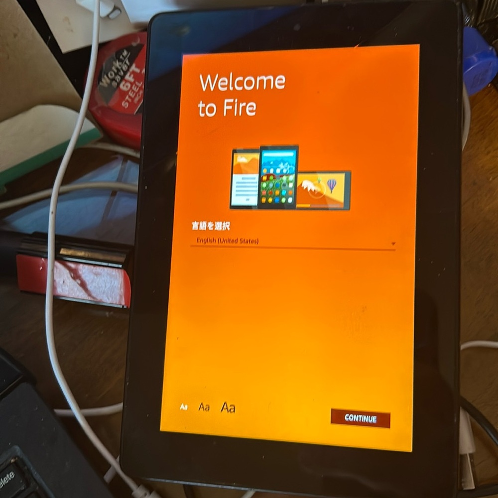 Amazon Fire.  Slight crack in screen works perfectly with chord